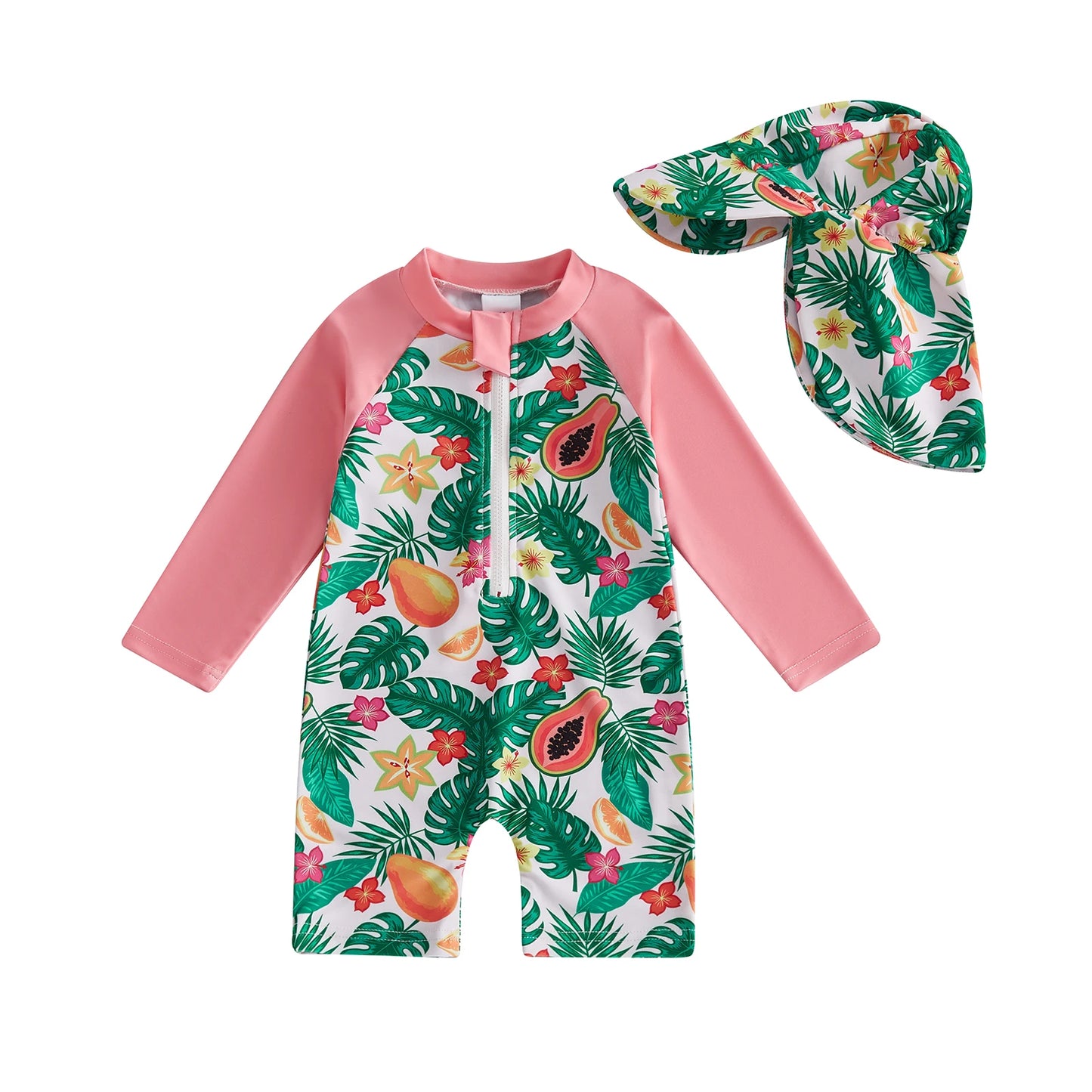 Cute Baby Rash Guard Swimsuit With Sun Hat Dinosaur Print