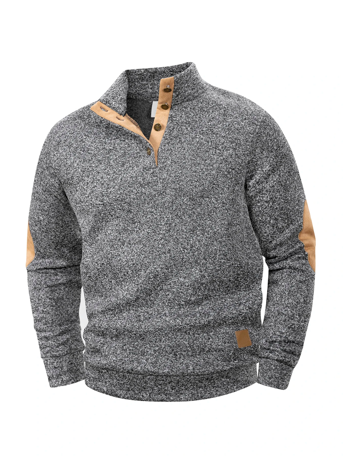 Men Henley Collar Pullover Sweatshirt Stand Collar Top Button Placket Elbow Patches Long Sleeve Casual Sweater Daily Wear Top