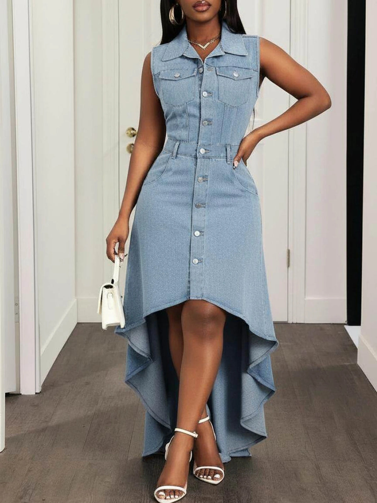 Women Collared Sleeveless Midi Dress Button Front High Low Hem Bodycon Solid Color Mid‑Calf Dress For Daily Club Party Occasion