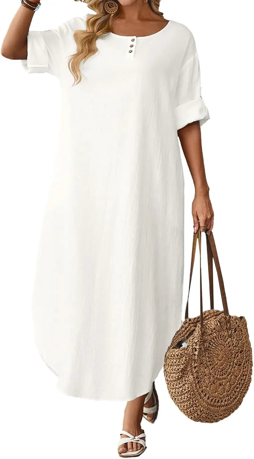 Autumn Solid Cotton Caftan Dress Loose Fit Women Casual