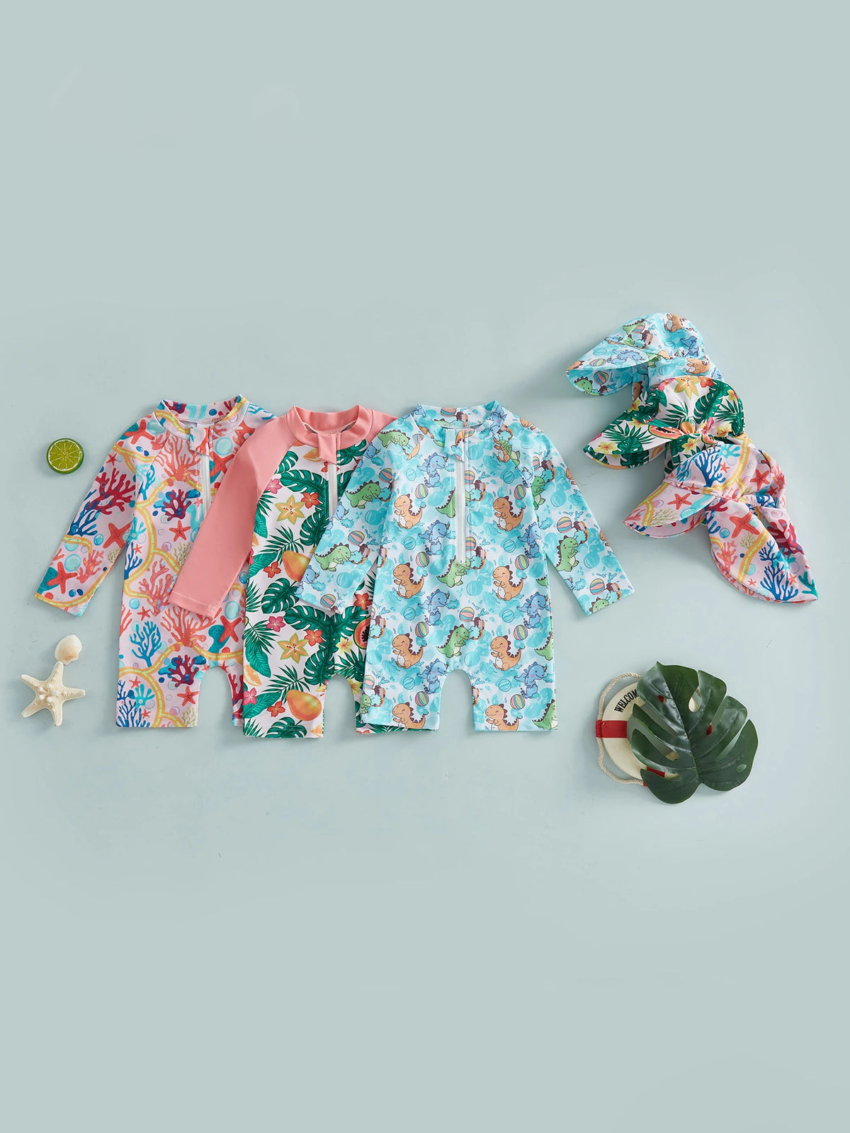 Cute Baby Rash Guard Swimsuit With Sun Hat Dinosaur Print
