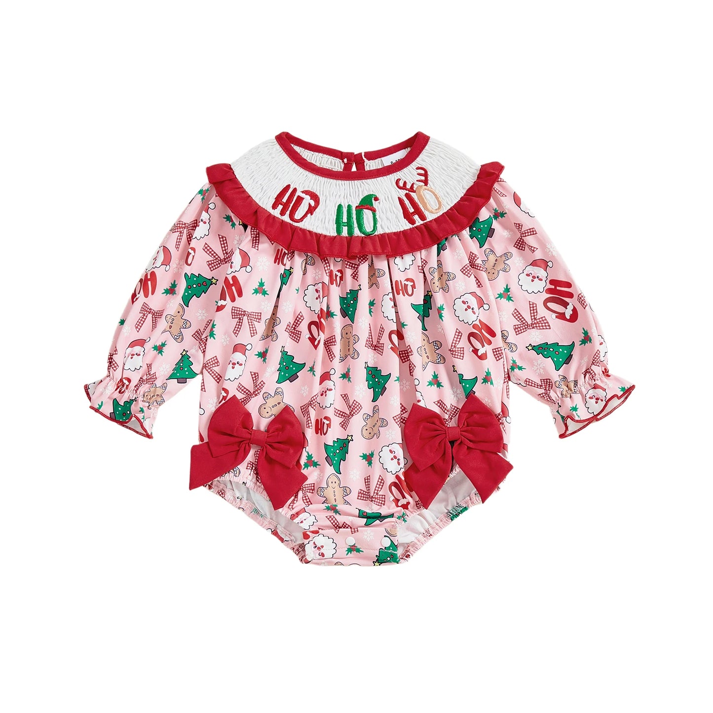 Baby Girl Bubble Romper With Christmas Tree Embroidery Long Sleeve