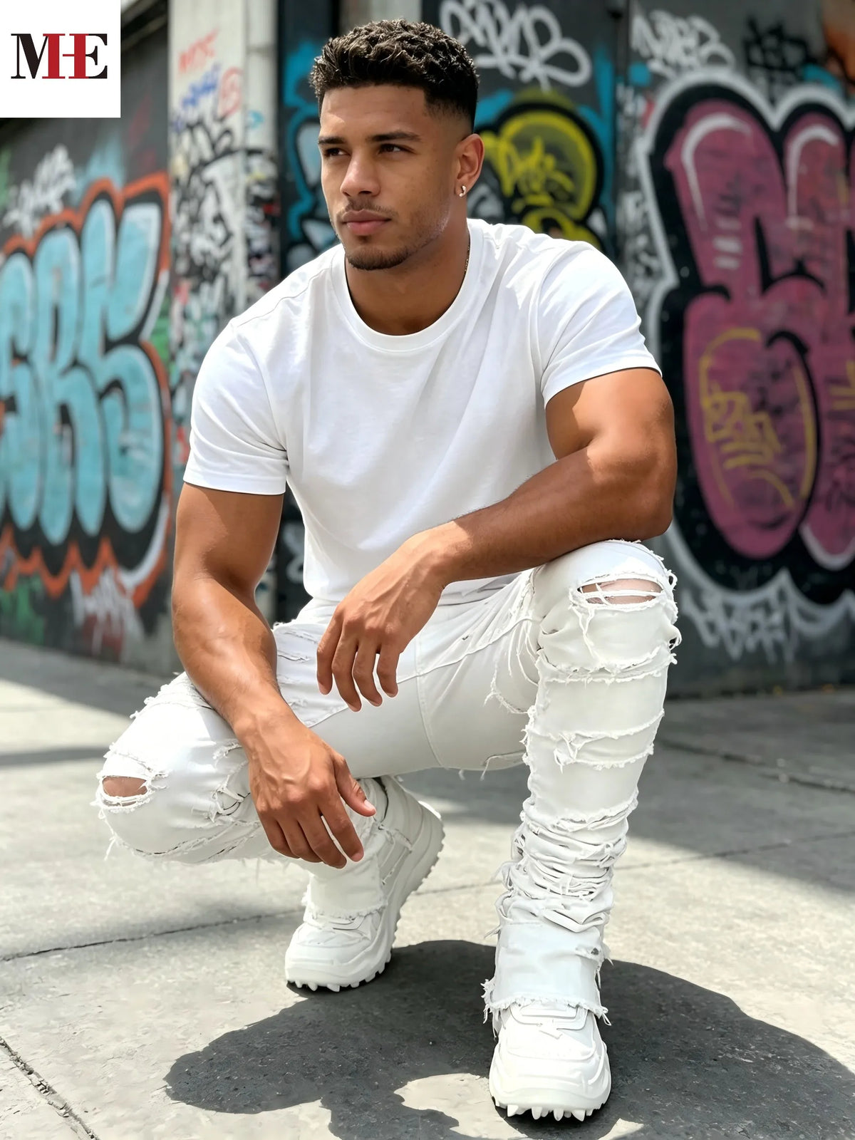 HME Men's White Denim Pants, Stacked Ripped Slim Flared Jeans with Layered Frayed Details