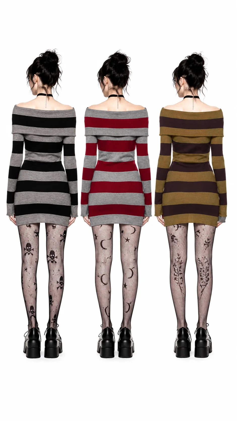 Women Gothic Y2K Off Shoulder Striped Knit Mini Dress, Long Sleeve Bodycon Sweater Dress, Punk Grunge Aesthetic Party Club Outfits