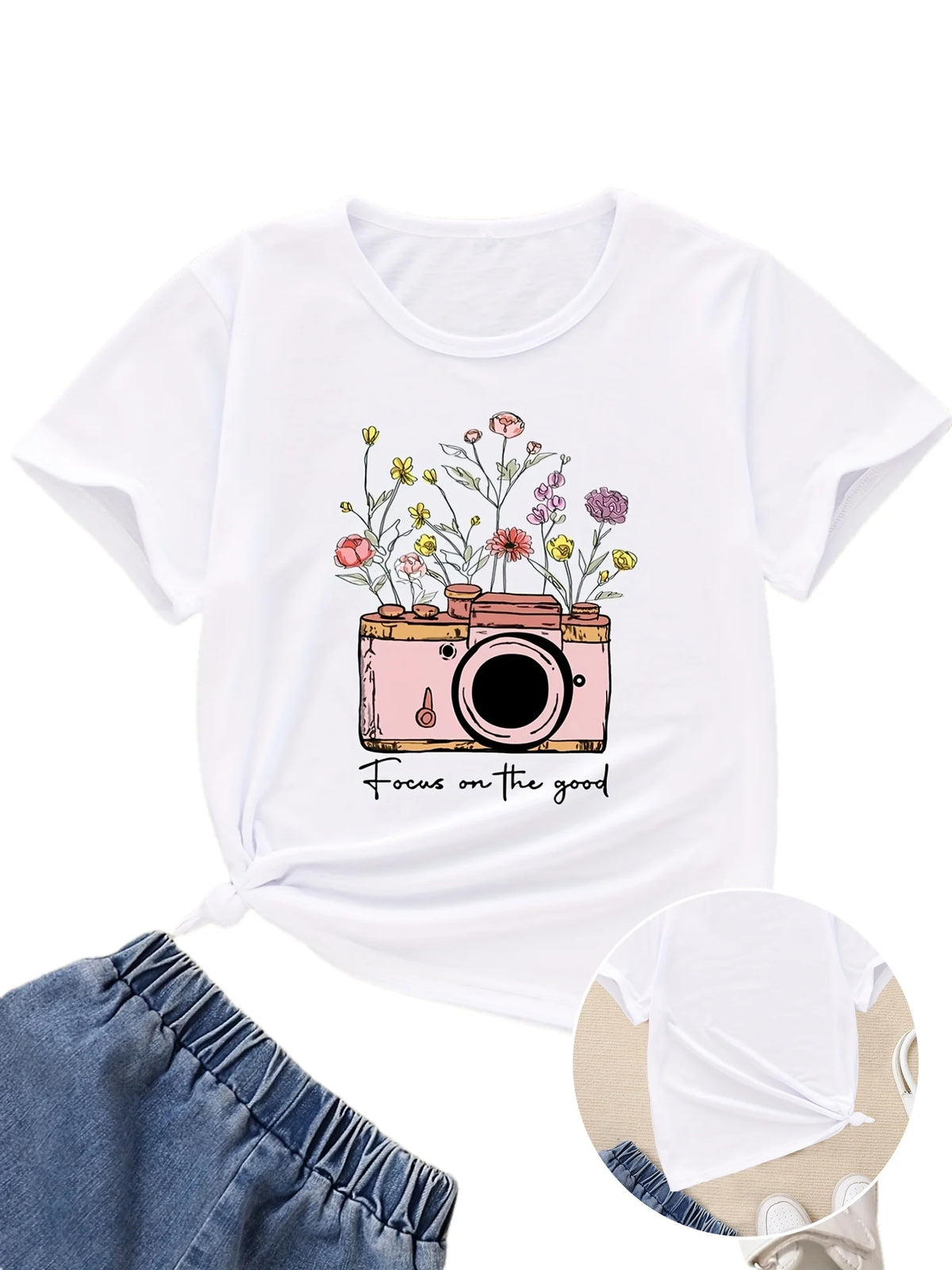 Flowers And Camera Graphic T-Shirt Casual Round Neck Tees Top Teens Summer Clothes