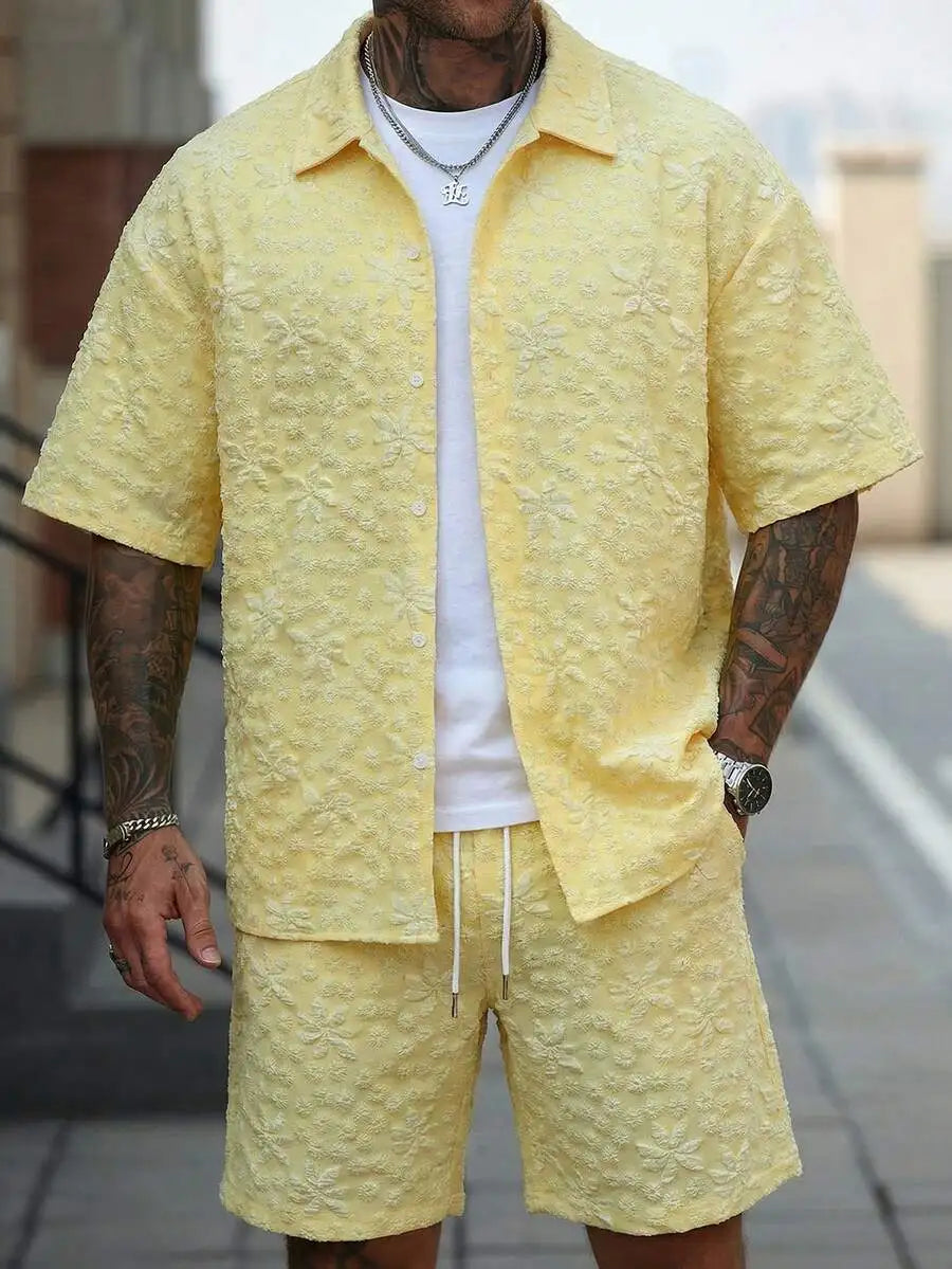 Manfinity CasualCool Men's Yellow Summer Casual Vacation Holiday Outfit,Textured Geometric Pattern Short Sleeve Button Up Shirt