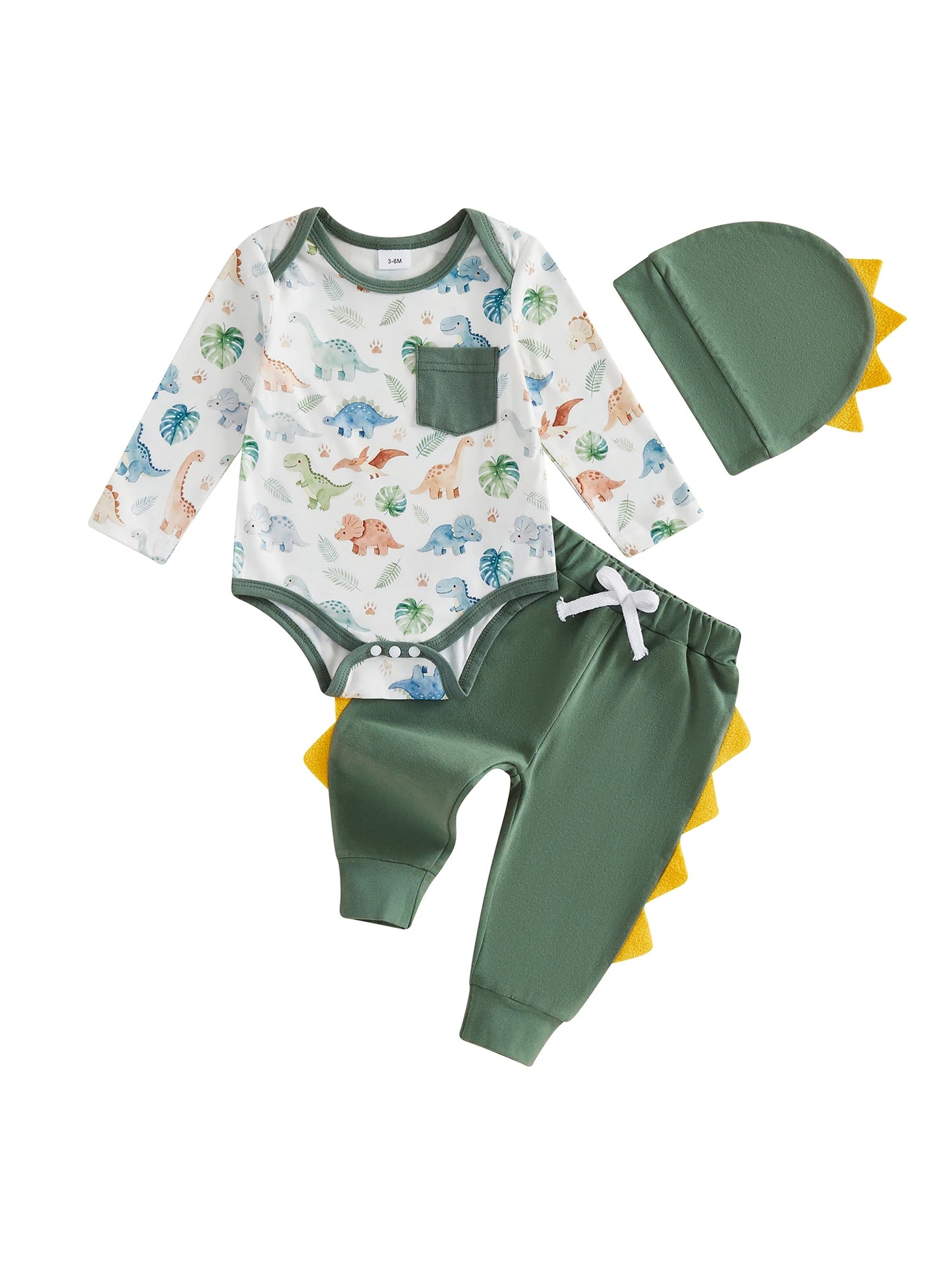 Dinosaur Print Baby Boy Pants Hat Set With Long Sleeve Outfit