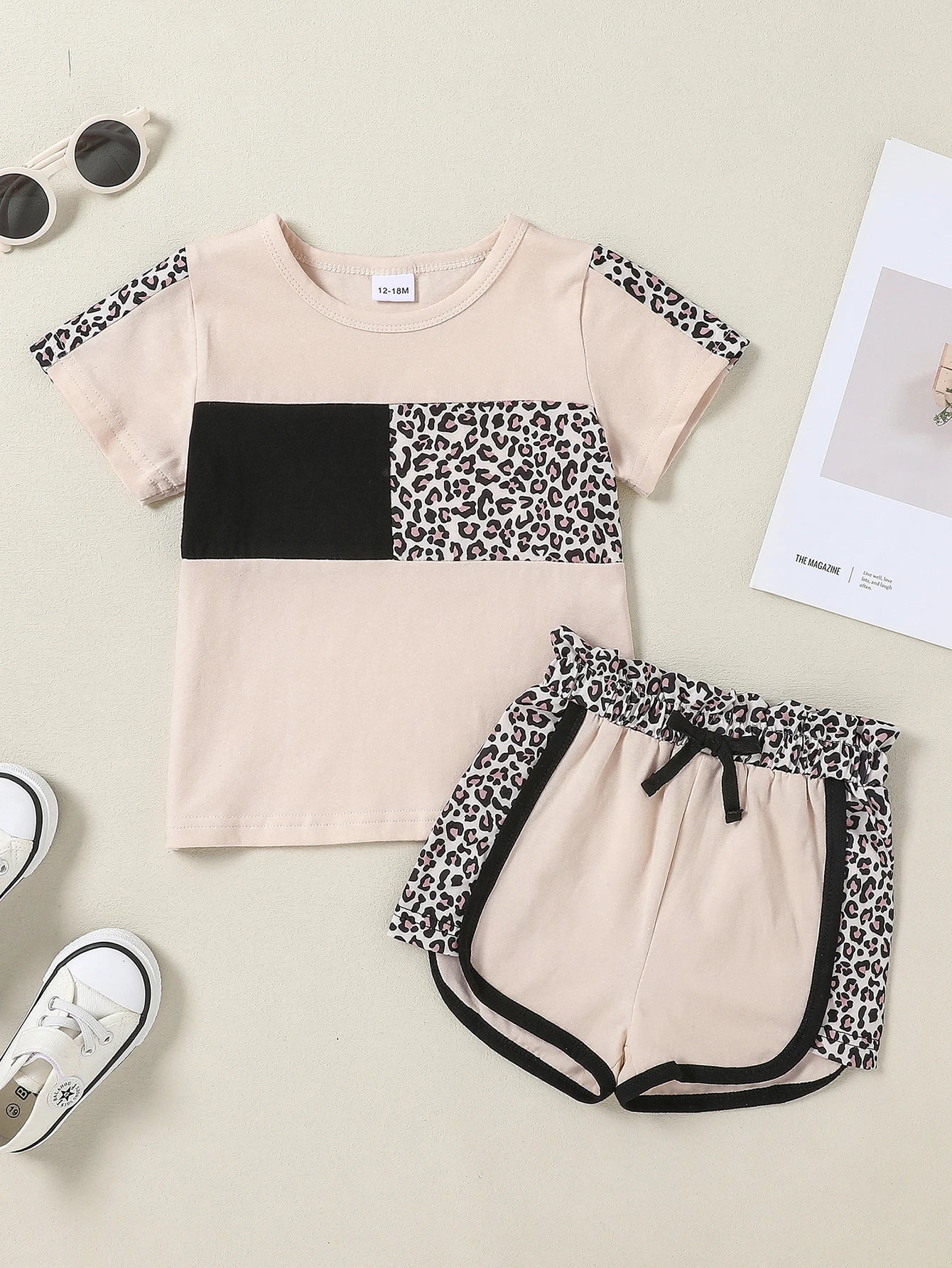 NONECN Leopard Camo Print Toddler Girls Short Sleeve Set