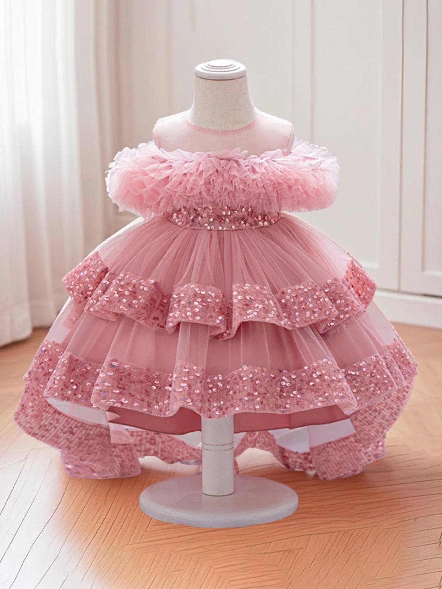 Girls Sequin Princess Dress with Tulle Skirt and High Hem