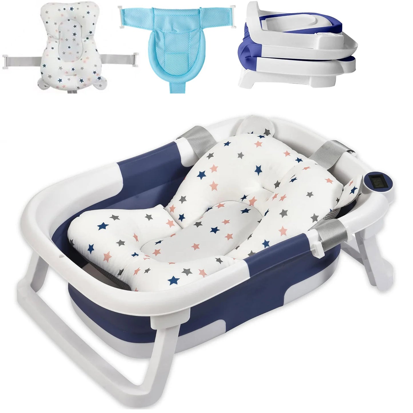 Baby Bath Tub With Cushion Foldable Design And Thermometer
