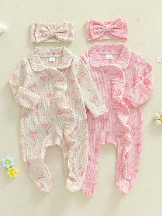 Adorable Infant Girl Autumn Footie Romper With Matching Headband