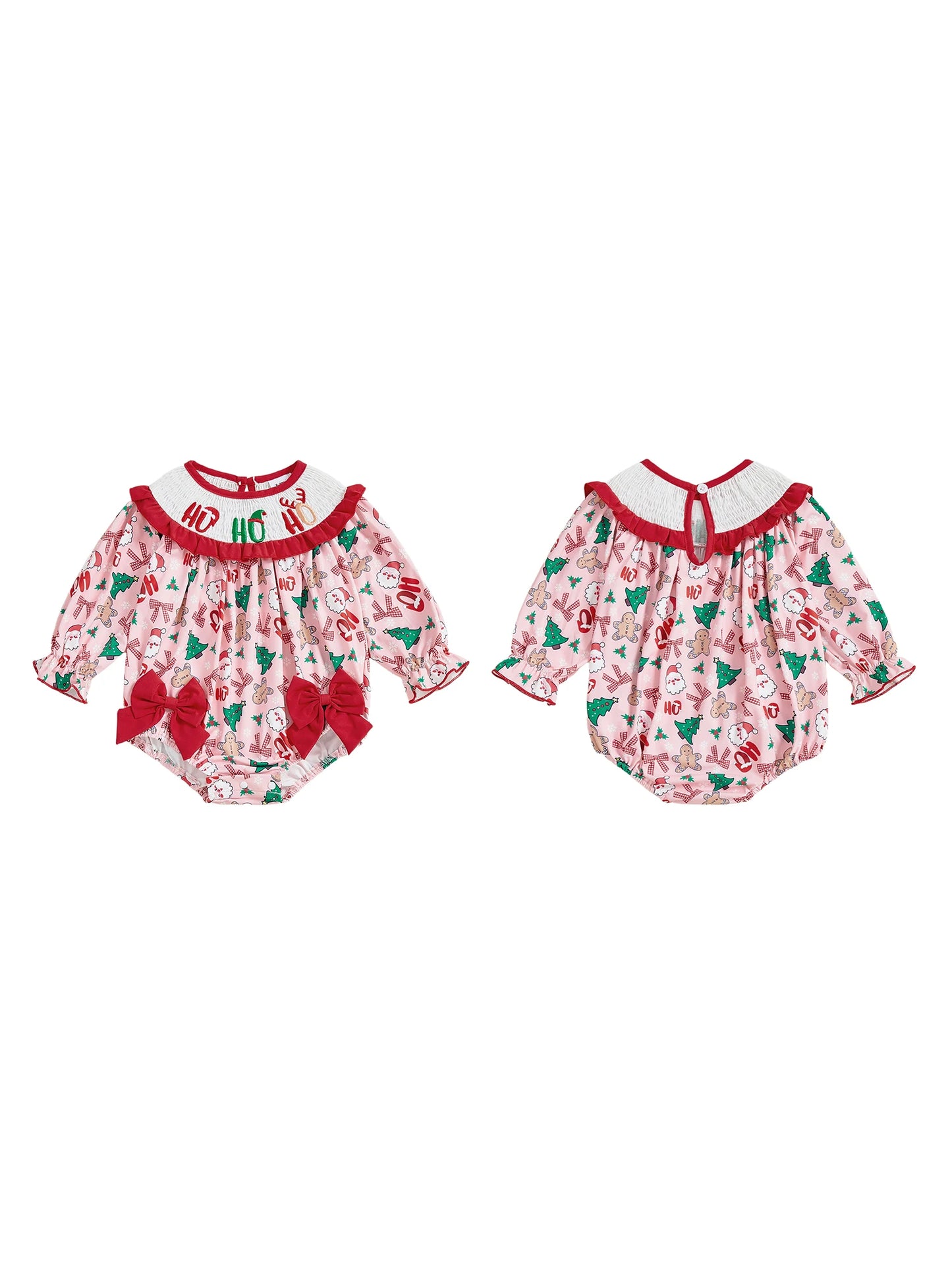 Baby Girl Bubble Romper With Christmas Tree Embroidery Long Sleeve