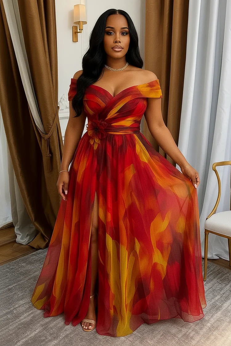 Women Off Shoulder Printed Maxi Gown With Front Slit For Wedding Guest Formal Evening Prom And Banquet Occasion